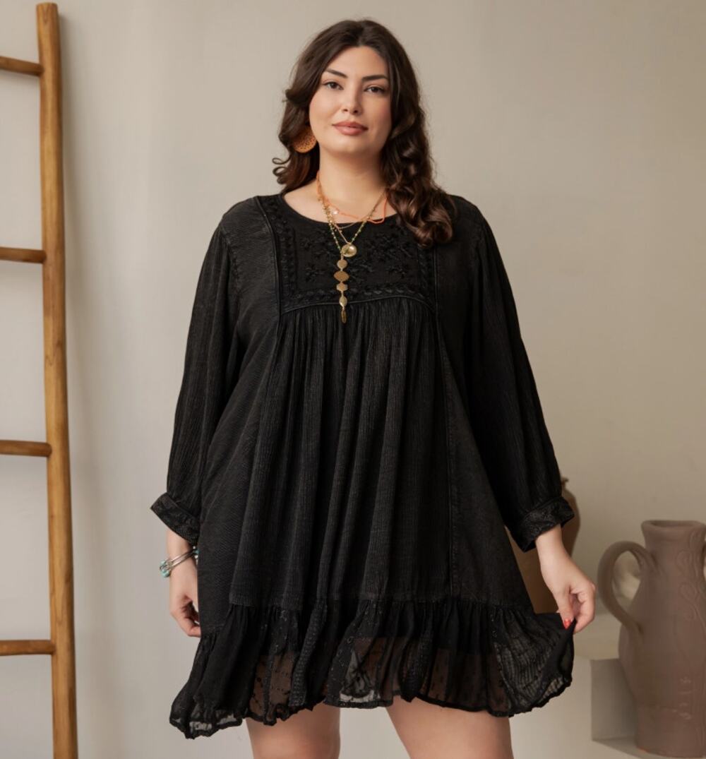 Young Threads Black Embroidered Babydoll Dress 1X NWT Ruffle Hem - Boho Artisan